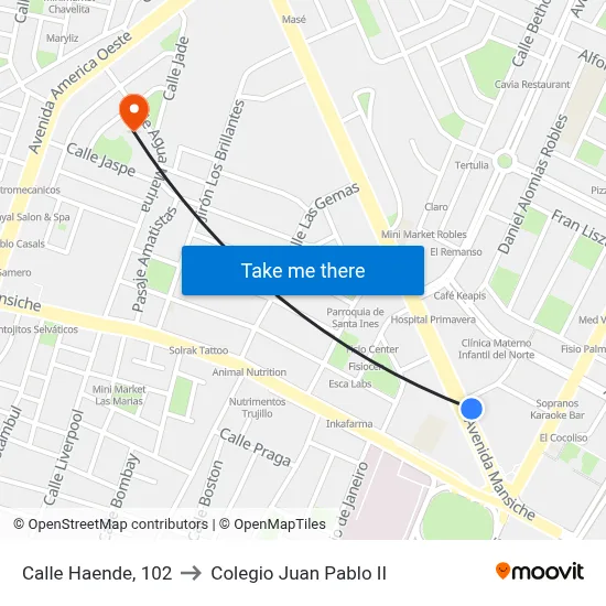 Calle Haende, 102 to Colegio Juan Pablo II map