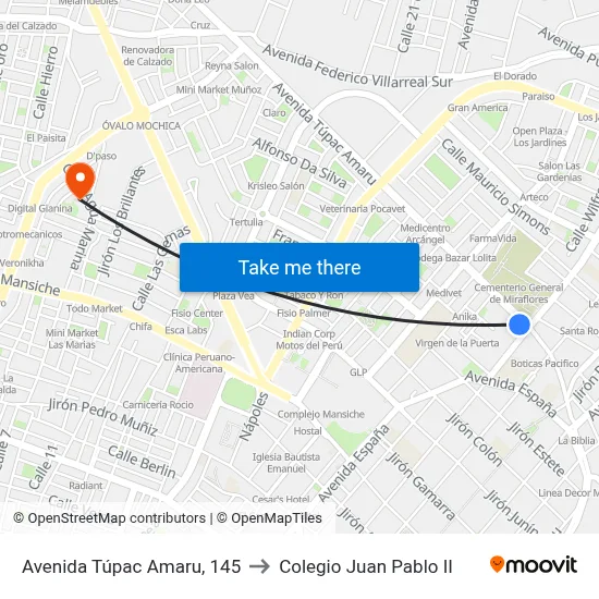 Avenida Túpac Amaru, 145 to Colegio Juan Pablo II map