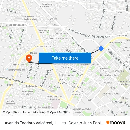 Avenida Teodoro Valcárcel, 1260 to Colegio Juan Pablo II map