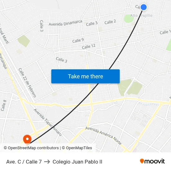 Ave. C / Calle 7 to Colegio Juan Pablo II map