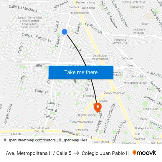 Ave. Metropolitana II / Calle 5 to Colegio Juan Pablo II map