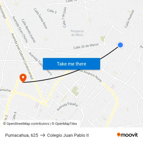 Pumacahua, 625 to Colegio Juan Pablo II map