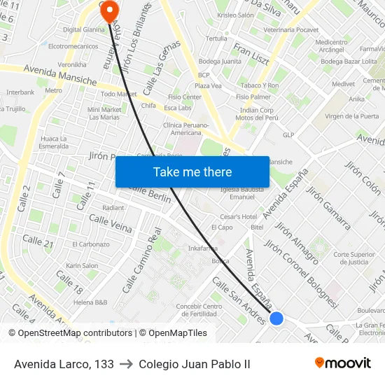 Avenida Larco, 133 to Colegio Juan Pablo II map