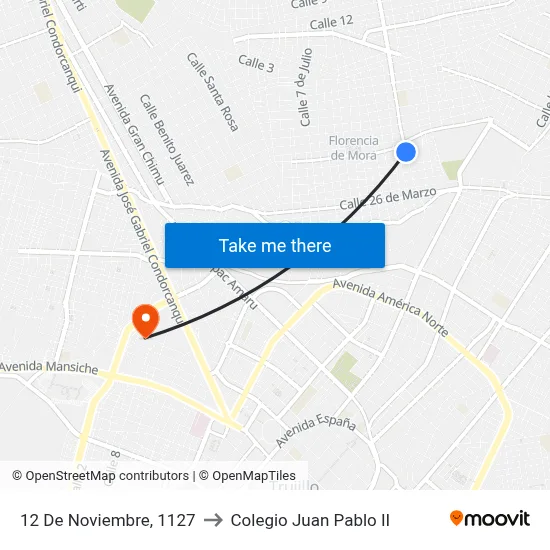 12 De Noviembre, 1127 to Colegio Juan Pablo II map