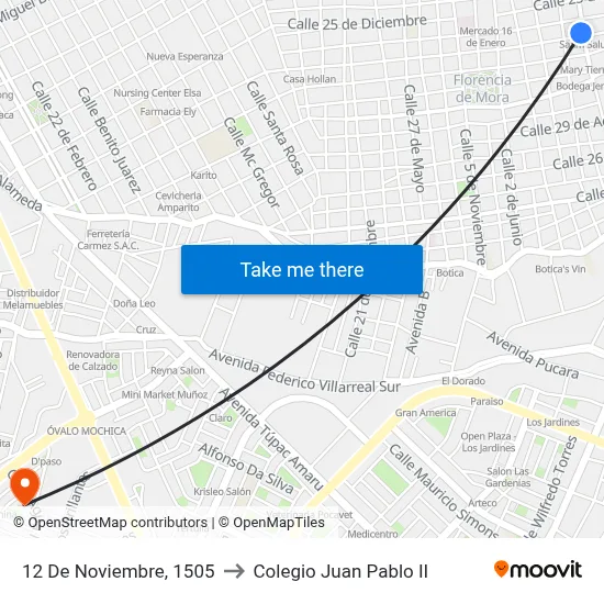12 De Noviembre, 1505 to Colegio Juan Pablo II map