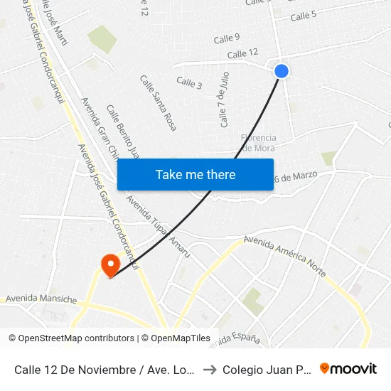 Calle 12 De Noviembre / Ave. Los Laureles to Colegio Juan Pablo II map