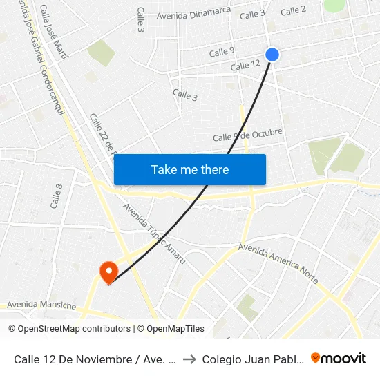 Calle 12 De Noviembre / Ave. Uno to Colegio Juan Pablo II map