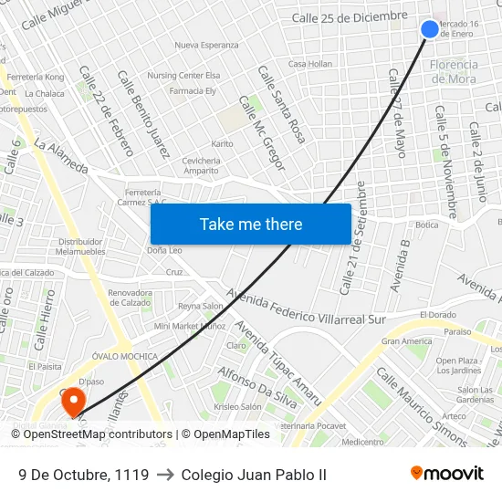 9 De Octubre, 1119 to Colegio Juan Pablo II map