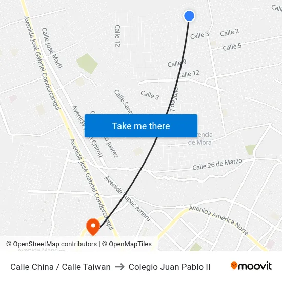 Calle China / Calle Taiwan to Colegio Juan Pablo II map
