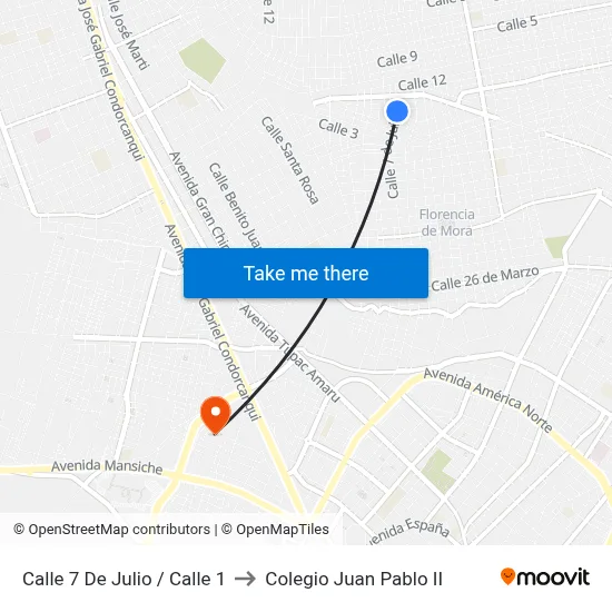 Calle 7 De Julio / Calle 1 to Colegio Juan Pablo II map