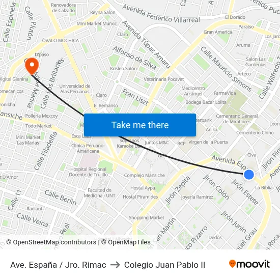 Ave. España / Jro. Rimac to Colegio Juan Pablo II map