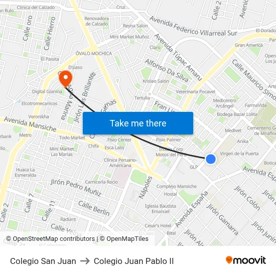 Colegio San Juan to Colegio Juan Pablo II map