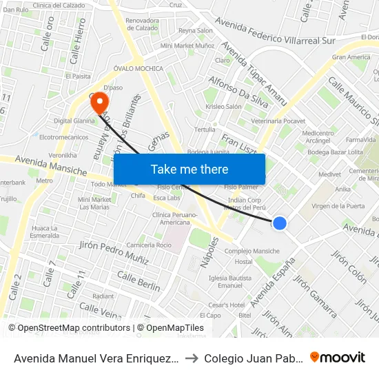 Avenida Manuel Vera Enriquez, 322 to Colegio Juan Pablo II map