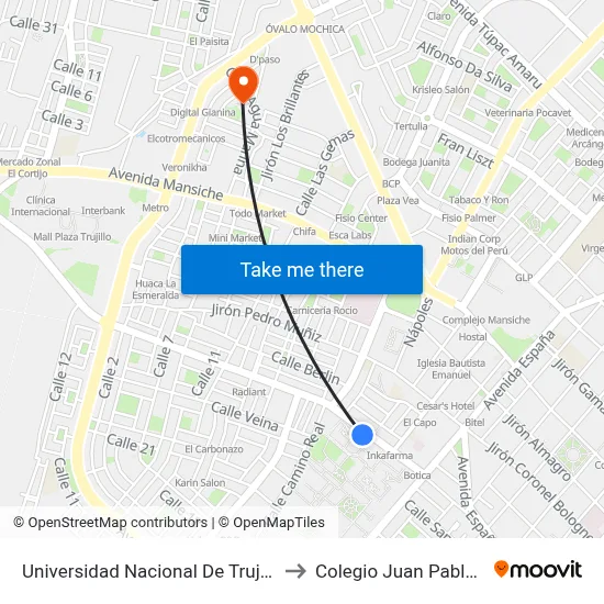 Universidad Nacional De Trujillo to Colegio Juan Pablo II map
