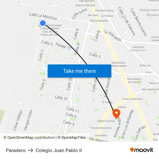 Paradero to Colegio Juan Pablo II map