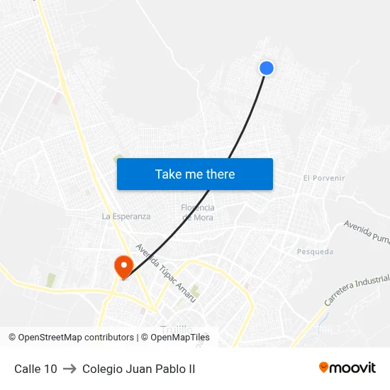 Calle 10 to Colegio Juan Pablo II map