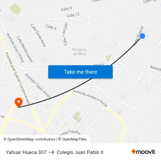Yahuar Huaca 307 to Colegio Juan Pablo II map