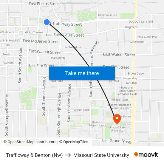 Trafficway & Benton (Nw) to Missouri State University map