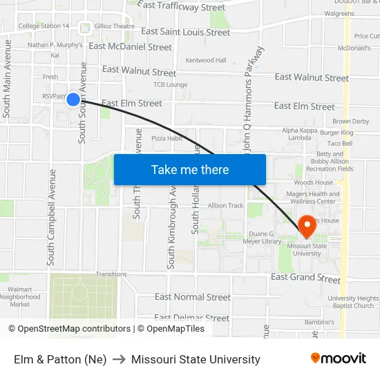 Elm & Patton (Ne) to Missouri State University map