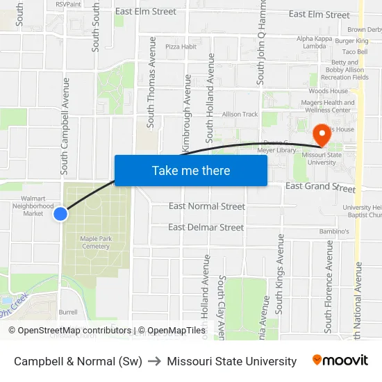 Campbell & Normal (Sw) to Missouri State University map