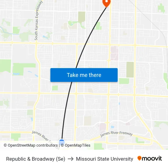Republic & Broadway (Se) to Missouri State University map