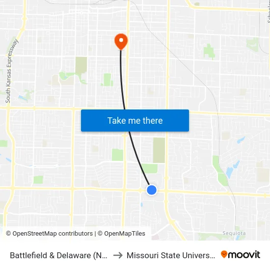Battlefield & Delaware (Nw) to Missouri State University map