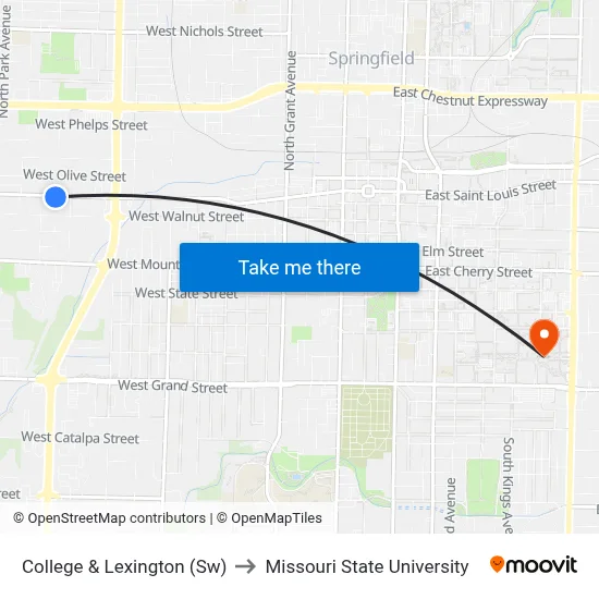 College & Lexington (Sw) to Missouri State University map