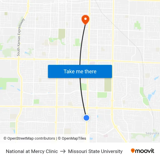 National at Mercy Clinic to Missouri State University map