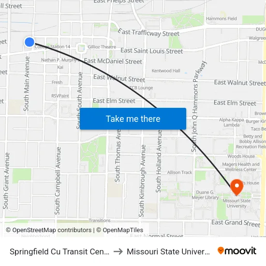 Springfield Cu Transit Center to Missouri State University map