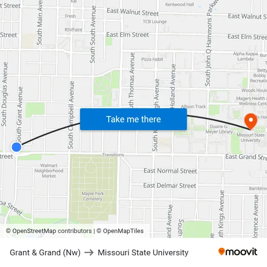 Grant & Grand (Nw) to Missouri State University map