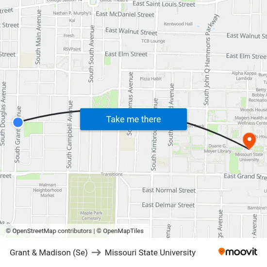 Grant & Madison (Se) to Missouri State University map