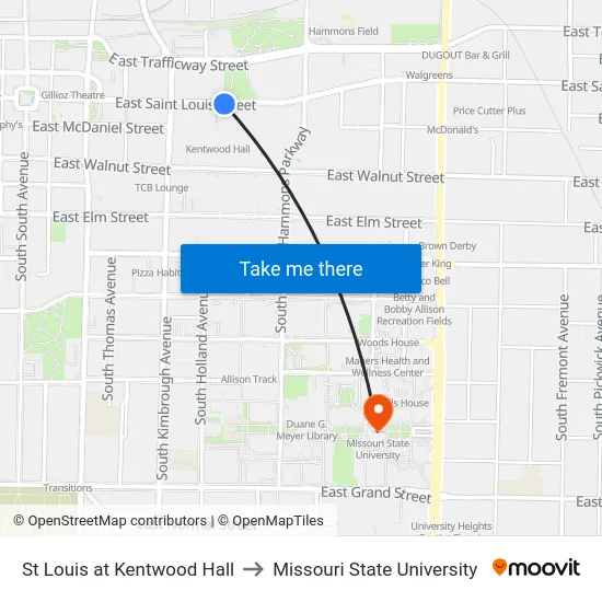 St Louis at Kentwood Hall to Missouri State University map