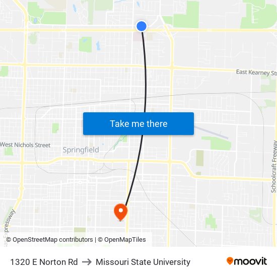 1320 E Norton Rd to Missouri State University map