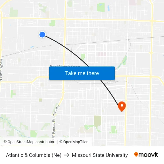 Atlantic & Columbia (Ne) to Missouri State University map