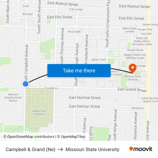 Campbell & Grand (Ne) to Missouri State University map
