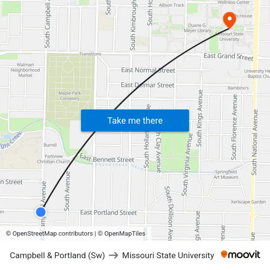 Campbell & Portland (Sw) to Missouri State University map
