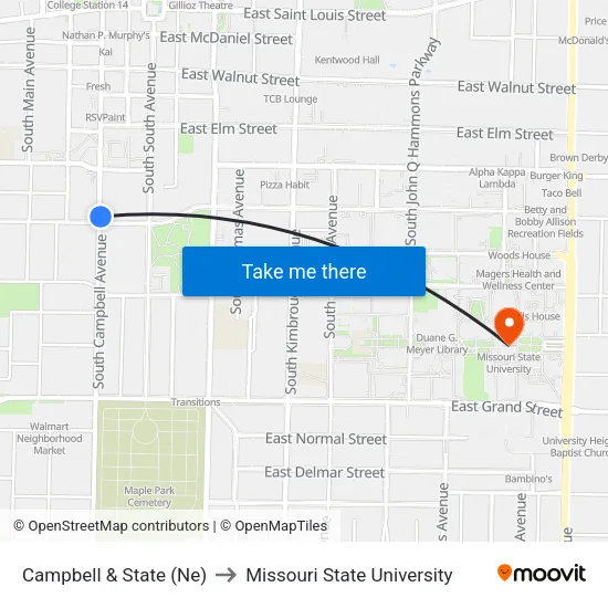 Campbell & State (Ne) to Missouri State University map