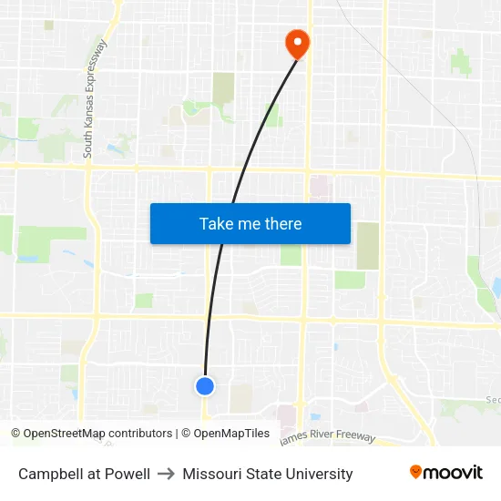 Campbell at Powell to Missouri State University map