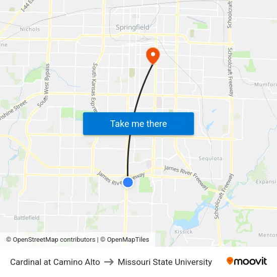 Cardinal at Camino Alto to Missouri State University map