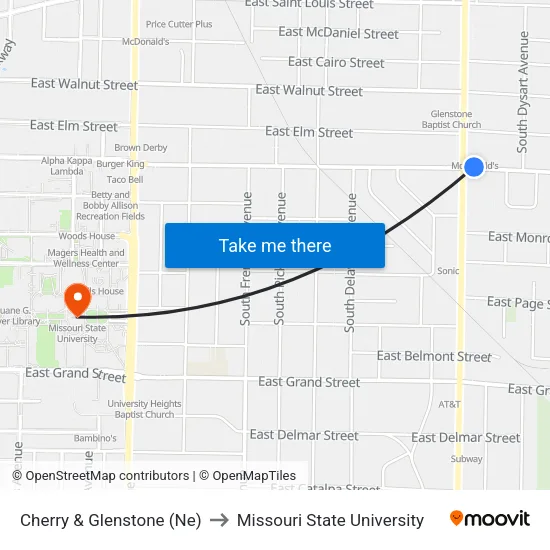 Cherry & Glenstone (Ne) to Missouri State University map