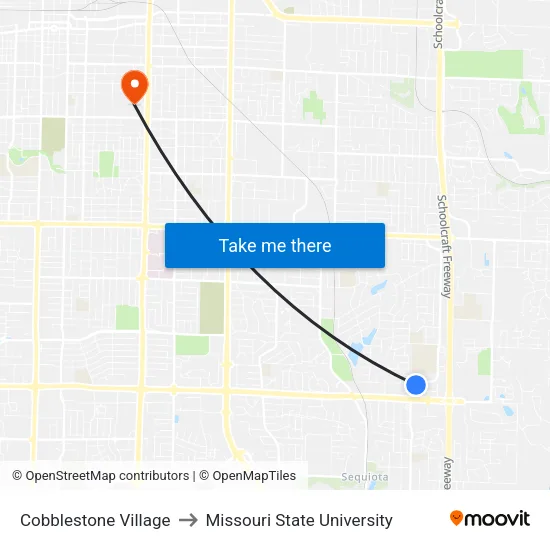 Cobblestone Village to Missouri State University map