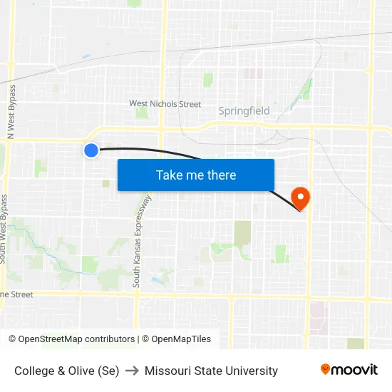 College & Olive (Se) to Missouri State University map