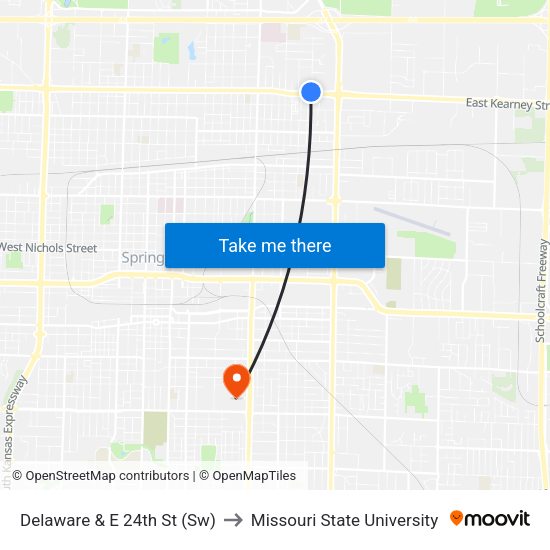 Delaware & E 24th St (Sw) to Missouri State University map
