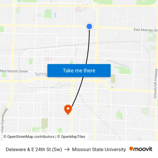 Delaware & E 24th St (Sw) to Missouri State University map