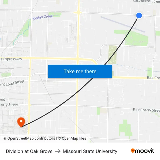 Division at Oak Grove to Missouri State University map