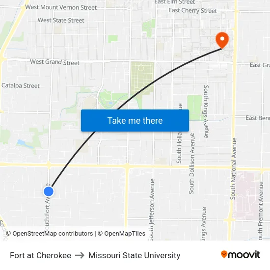 Fort at Cherokee to Missouri State University map