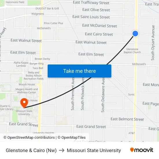 Glenstone & Cairo (Nw) to Missouri State University map