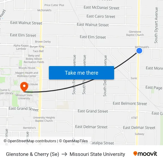 Glenstone & Cherry (Se) to Missouri State University map
