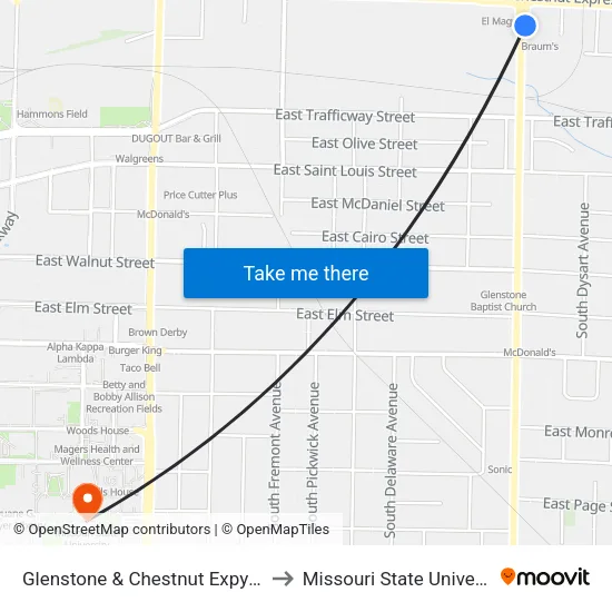 Glenstone & Chestnut Expy (Se) to Missouri State University map