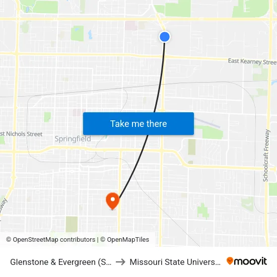 Glenstone & Evergreen (Se) to Missouri State University map